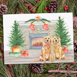 Tarjeta Festiva Navidades de perro de Golden Retriever<br><div class="desc">Envíe saludos navideños esta temporada navideña con estos perros recuperadores dorados en un diseño acuarela. Esta tarjeta de vacaciones de recuperación dorada incluye dos crías de labrador, una escena de chimenea con árboles de vacaciones, medias y regalos. Personaliza con el apellido. Esta tarjeta de navidades recuperadores de oro será la...</div>