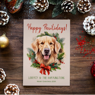 Tarjeta Festiva Navidades de perro de Golden Retriever Felices Paw