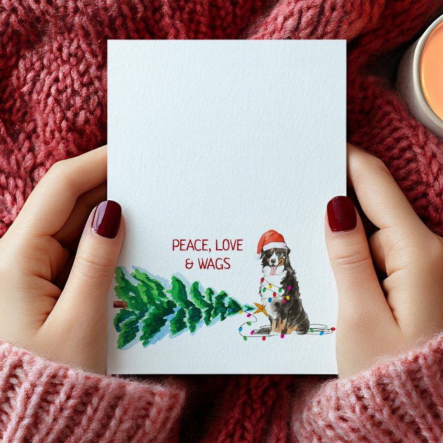 Tarjeta Festiva Navidades de perro de montaña de Bernese con árbol (Bernese Mountain Dog Christmas Card Tree & Lights)