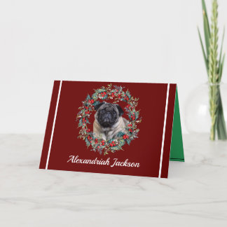 Tarjeta Festiva Navidades de perro de pug cutáneo cortaron el rojo
