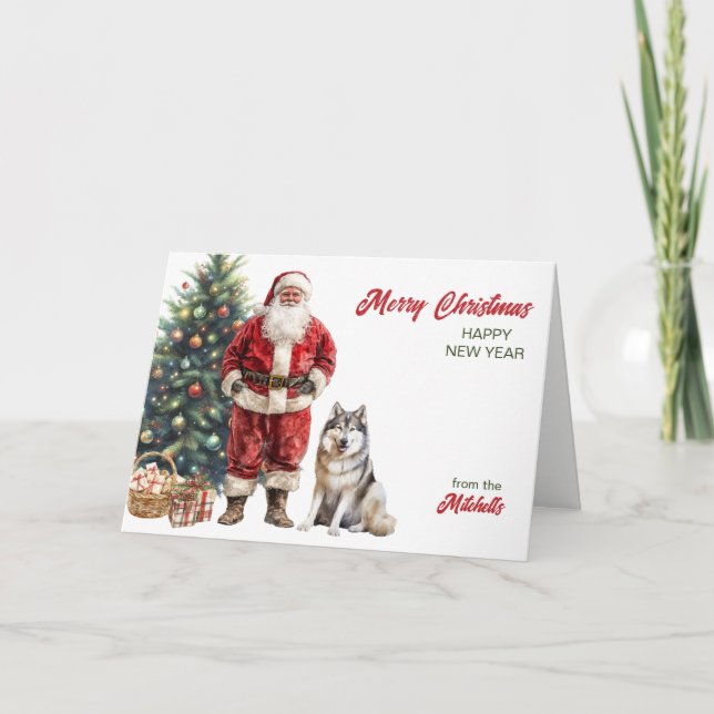 Tarjeta Festiva Navidades de perro de Santa Claus y Malamute de Al (Anverso)