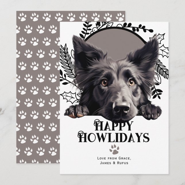 Tarjeta Festiva Navidades de perro pastor belga Happy Howlidays (Anverso / Reverso)