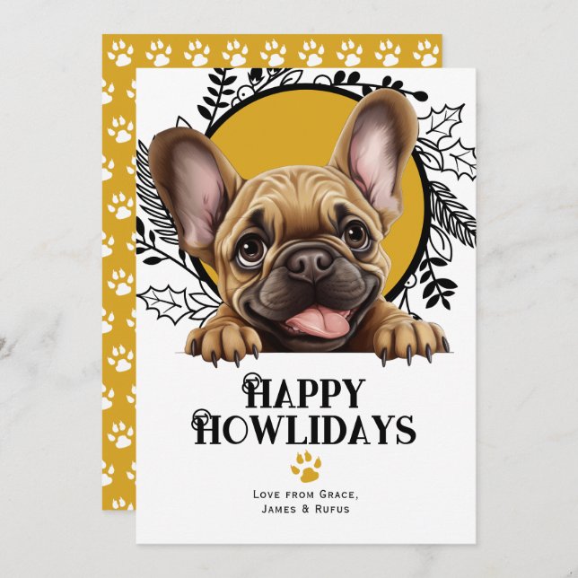 Tarjeta Festiva Navidades de perros Bulldog franceses Felices Howl (Anverso / Reverso)
