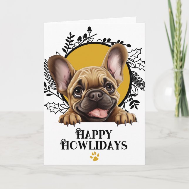 Tarjeta Festiva Navidades de perros Bulldog franceses Felices Howl (Anverso)