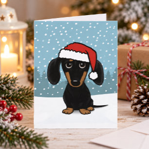 Tarjeta Festiva Navidades de perros Dachshund Santa Black y Tan Wi