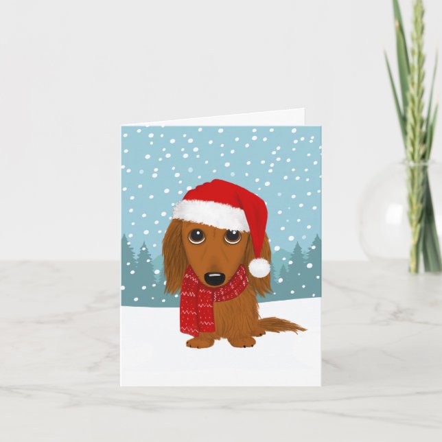 Tarjeta Festiva Navidades de perros de pelo largo de Dachshund San (Anverso)