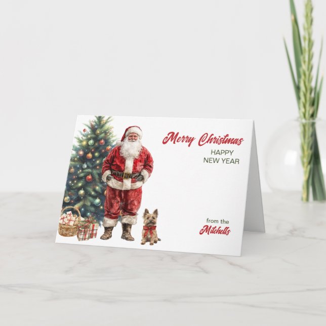 Tarjeta Festiva Navidades de perros de Santa Claus y Cairn Terrier (Anverso)