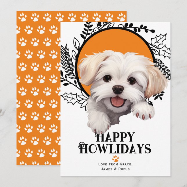 Tarjeta Festiva Navidades de perros malteses felices de Howlidays (Anverso / Reverso)