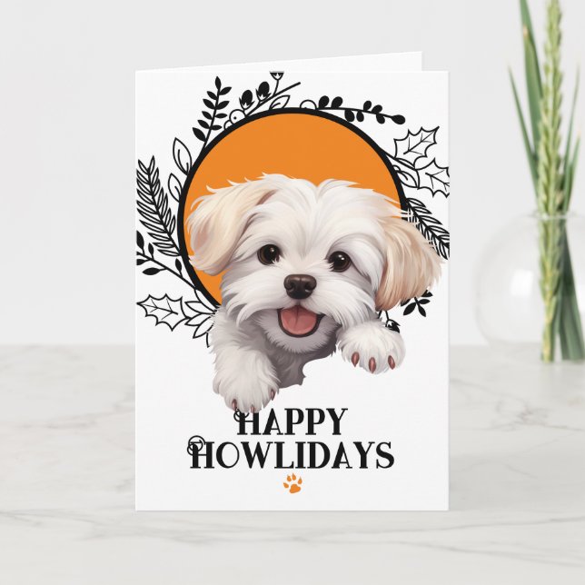 Tarjeta Festiva Navidades de perros malteses felices de Howlidays (Anverso)