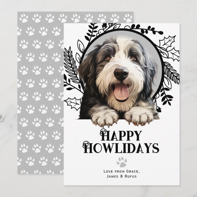 Tarjeta Festiva Navidades de perros ovinos ingleses de edad feliz (Anverso / Reverso)