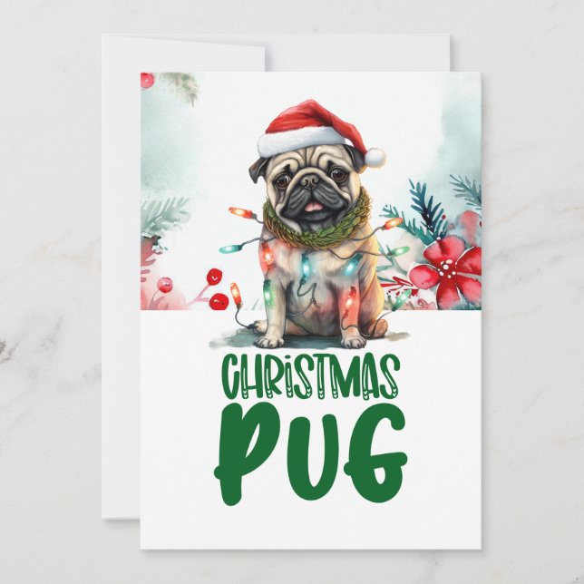 Tarjeta Festiva Navidades de perros pug con Santa Hat (Anverso)