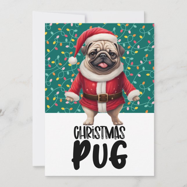 Tarjeta Festiva Navidades de perros pug con Santa Hat (Anverso)
