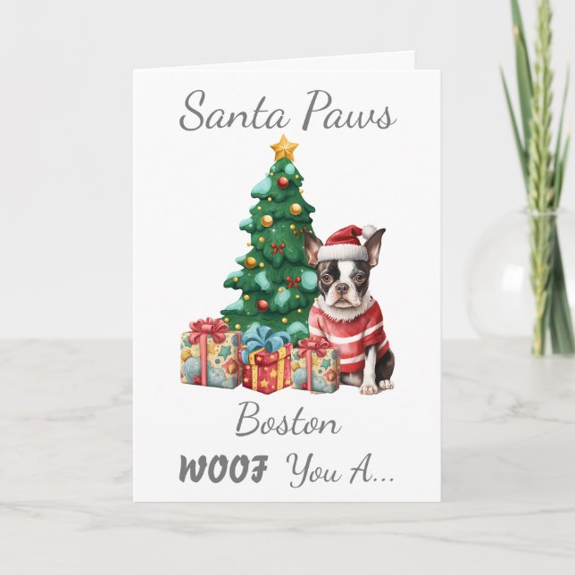 Tarjeta Festiva Navidades de personalizable Perro Boston Terrier (Anverso)