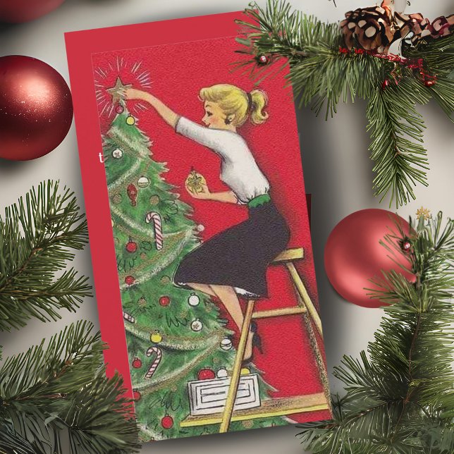 Tarjeta Festiva Navidades de Personalizado de árbol decorando Chic (Vintage Girl Decorating Tree Custom Christmas Holiday Card. Just add your name & a special message!)