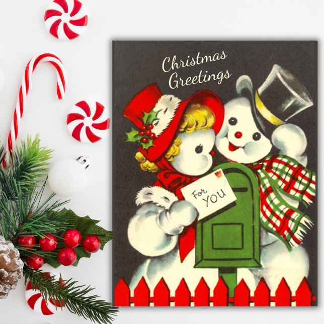 Tarjeta Festiva Navidades de Personalizados de parejas de nieve re (Vintage Retro Snow Couple Custom Christmas Holiday Card)