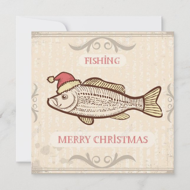 Tarjeta Festiva Navidades De Pesca Retro Pescan En Santa Hat (Anverso)