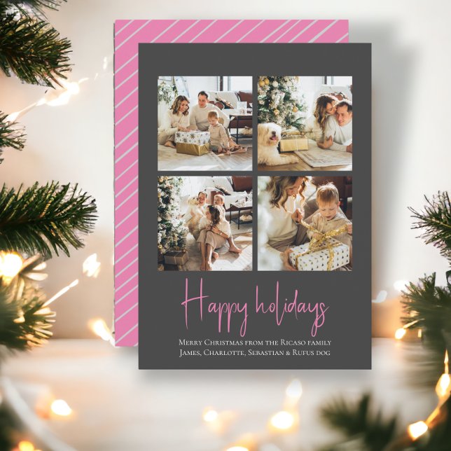 Tarjeta Festiva Navidades de Photo Happy Holidays Template Gray Pi (Photo Happy Holidays Christmas template in trendy Grey Pink flat card from Ricaso)