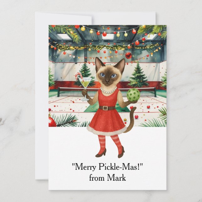 Tarjeta Festiva Navidades de PICKLEBALL con el texto "¡Merry Pickl (Anverso)