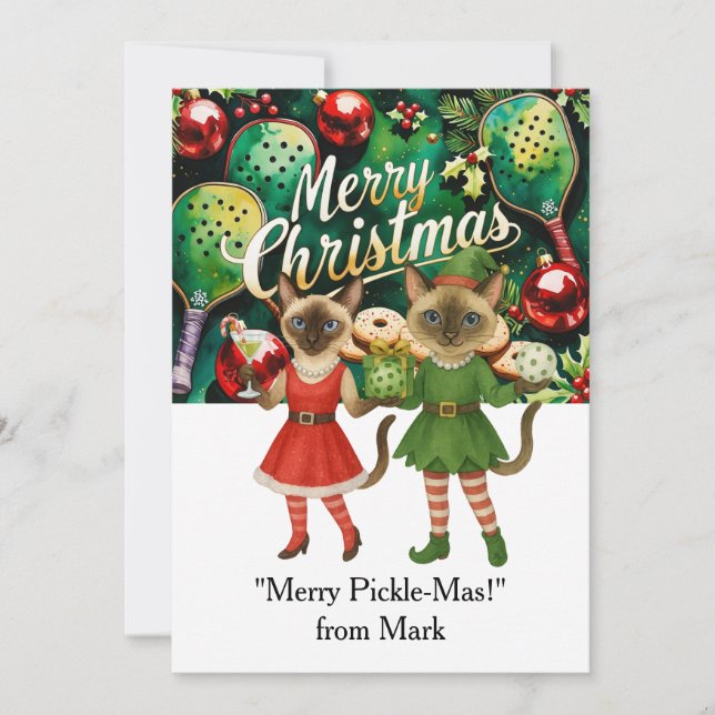 Tarjeta Festiva Navidades de PICKLEBALL con el texto "¡Merry Pickl (Anverso)