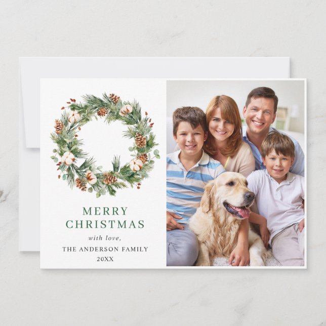 Tarjeta Festiva Navidades de Pine Cones Fir Wreath saludan FOTO (Anverso)