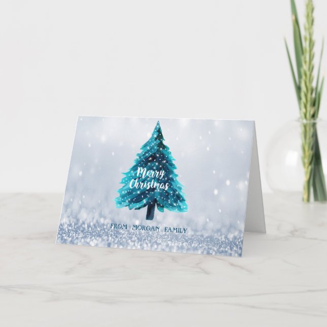 Tarjeta Festiva Navidades de Pine Tree Blue Bokeh (Anverso)