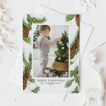 Tarjeta Festiva Navidades de Pinecones de color de nieve foto<br><div class="desc">Feliz Navidad! Envíe saludos cálidos a la familia y amigos con esta tarjeta de Navidades de fotos de personalizable. Cuenta con ilustraciones acuáticos de pinares nevados y agujas de pino. Los textos son totalmente editables. Personalice agregando nombres, mensajes, fotos y otros detalles. Esta tarjeta de Navidades acuáticos es perfecta para...</div>