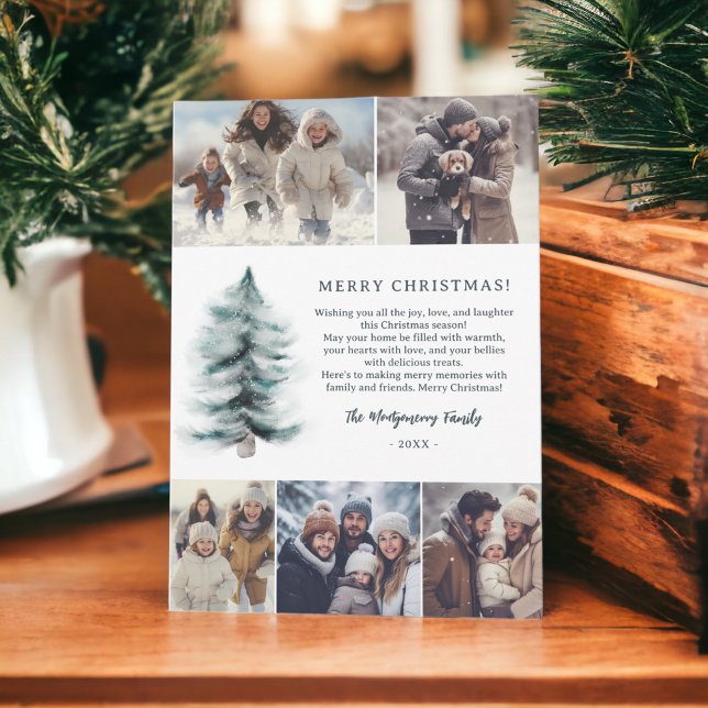 Tarjeta Festiva Navidades de Pines Rústico Blue Winter con cinco f (Rustic Blue Winter snowy Pines Christmas 5 photos Holiday Card)