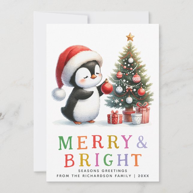 Tarjeta Festiva Navidades de pingüino cutáneo mora y brillante (Anverso)