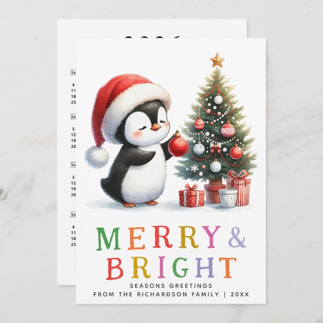 Tarjeta Festiva Navidades de pingüino cutáneo mora y brillante (Anverso / Reverso)