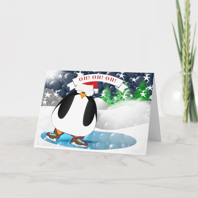 Tarjeta Festiva ¡Navidades de pingüino! ¡Oh! ¡Oh! Feliz Navidad! (Anverso)