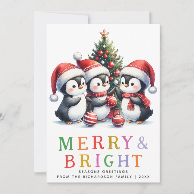 Tarjeta Festiva Navidades de pingüinos merry y divertidos (Anverso)