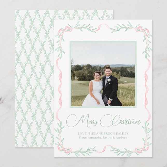 Tarjeta Festiva Navidades de Pink Bow Mistletoe Greenerenery Foto (Anverso / Reverso)