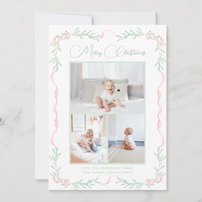 Tarjeta Festiva Navidades de Pink Bow Mistletoe Greenerenery Tres  (Anverso)