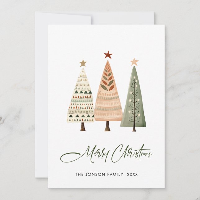 Tarjeta Festiva Navidades de pinos bohemios minimalistas saludan (Anverso)