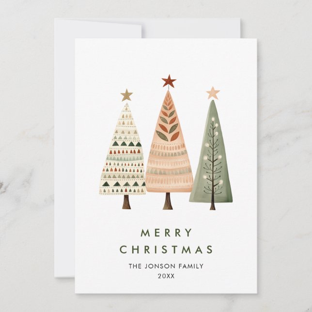 Tarjeta Festiva Navidades de pinos bohemios minimalistas saludan (Anverso)