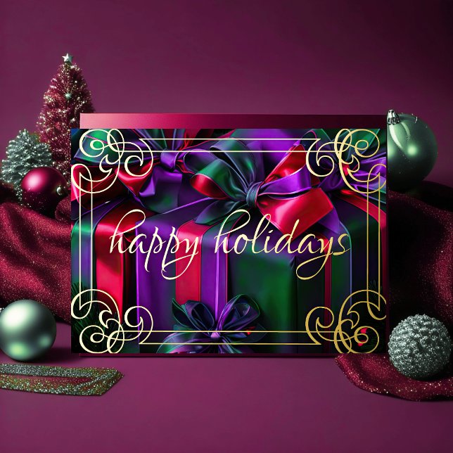 Tarjeta Festiva Navidades de pintura regalos de Borgoña Verde Púrp (Subido por el creador)