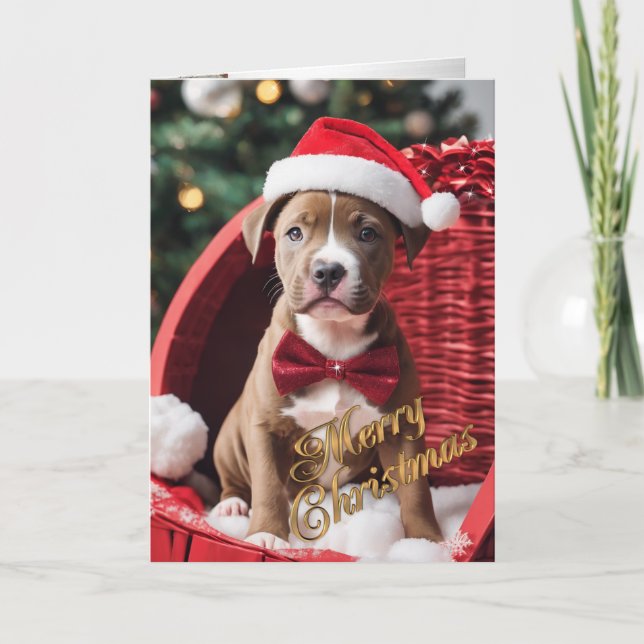 Tarjeta Festiva Navidades de Pit Bull cachorro en una canasta (Anverso)