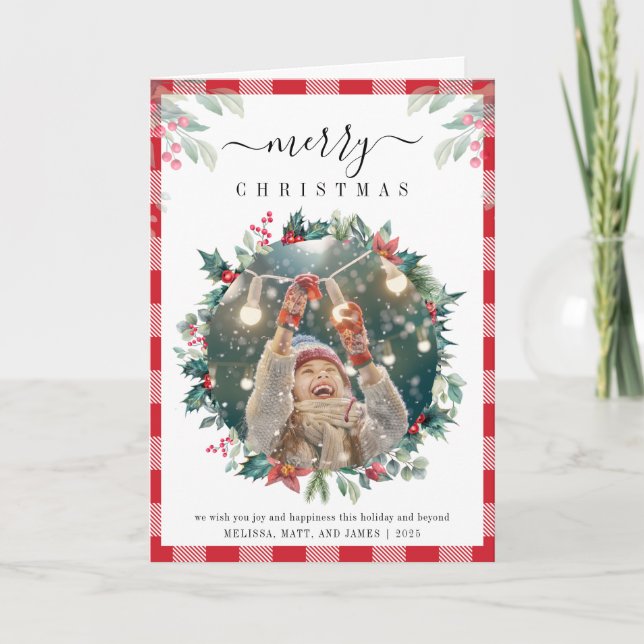 Tarjeta Festiva Navidades de Plaid Photo Mistletoe Rustic Gingham (Anverso)