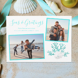 Tarjeta Festiva Navidades de playa Aqua Blue Seas y Greetings 2 Fo