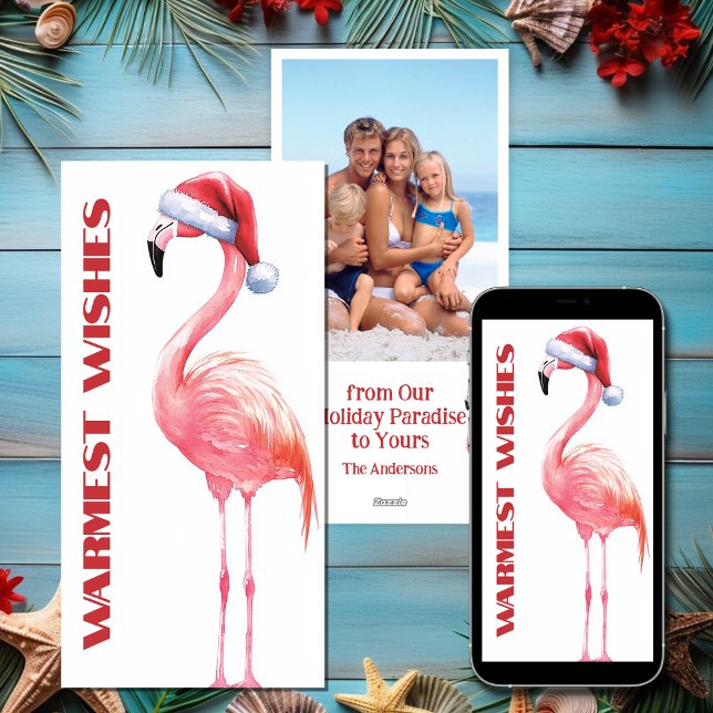 Tarjeta Festiva Navidades de playa de Santa Flamingo graciosos (Cute Funny Santa Flamingo Beach Christmas Photo Holiday Card)