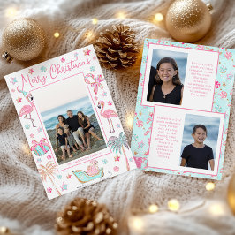 Tarjeta Festiva Navidades de playa Rosa y Aqua Flamingo Foto
