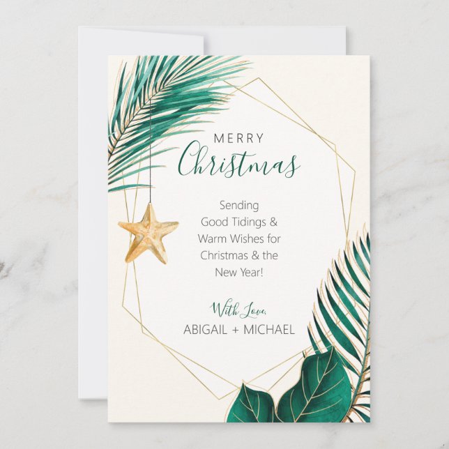 Tarjeta Festiva Navidades de Playa Tropical con Palmeras Verdes y  (Anverso)