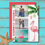 Tarjeta Festiva Navidades de playa tropical de Santa Flamingo 3 FO<br><div class="desc">Esta playa tropical temática de vacaciones Warmest Wishes Navidades tarjeta de saludo tiene una acuarela color rosa con un sombrero Santa y calcetines a rayas largas parados bajo una palmera decorados con adornos y luces de cuerda. Personaliza con tres fotos, tu firma o cualquier saludo que quieras añadir. ¡Gracias por...</div>
