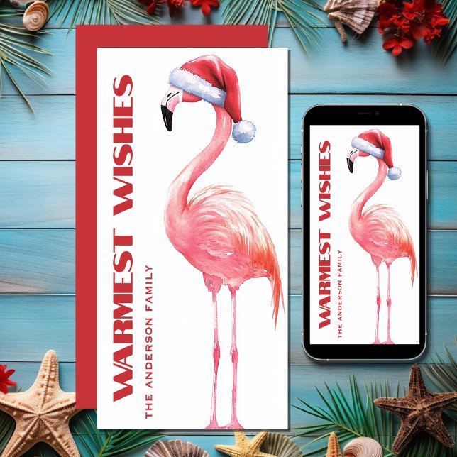Tarjeta Festiva Navidades de playa tropicales de Santa Flamingo (Cute Funny Santa Flamingo Tropical Beach Christmas Holiday Card)