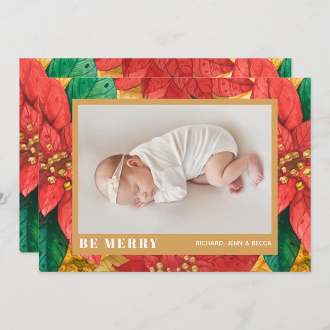 Tarjeta Festiva Navidades de Poinsettia anuncian su nacimiento (Anverso / Reverso)