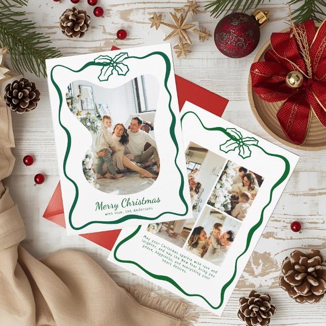 Tarjeta Festiva Navidades de Poinsettia con foto original y verde (Subido por el creador)