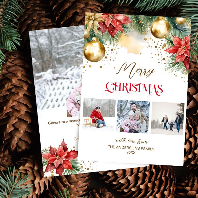 Tarjeta Festiva Navidades de poinsettia de oro rojo collage (Photo collage red gold poinsettia Christmas Holiday Card photo card watercolor pines gold baubles)