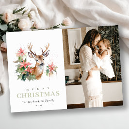 Tarjeta Festiva Navidades de Poinsettia de reno acuarela