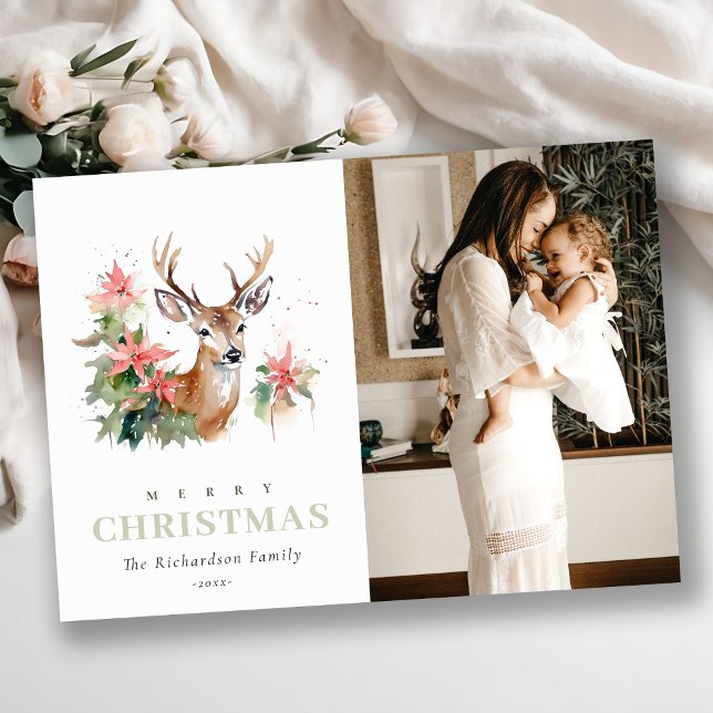 Tarjeta Festiva Navidades de Poinsettia de reno acuarela (Subido por el creador)