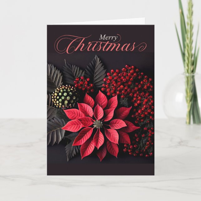 Tarjeta Festiva Navidades de Poinsettia en negritas Berries rojas (Anverso)